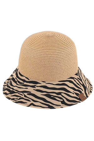 Dark Natural C.C Zebra Print Cloche Straw Bucket Hat. Keep your styles on even when you are relaxing at the pool or playing at the beach. Large, comfortable, and perfect for keeping the sun off of your face, neck, and shoulders Perfect summer, beach accessory. Ideal for travelers who are on vacation or just spending some time in the great outdoors.