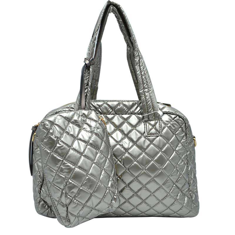 Dark Silver 2 N 1 Large Quilted Tote Bag With Pouch, has plenty of room to carry all your handy items with ease. It also comes with a removable insert bag that doubles as lining to the bag or can be removed and worn as a shoulder bag. Trendy and beautiful bag that amps up your outlook while carrying. Great for different activities including quick getaways, long weekends, picnics, beach, or even going to the gym! Easy to carry with you in your hands or around your shoulders.
