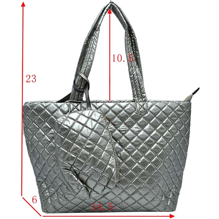 Dark Silver 2 N 1 Large Quilted Zipper Tote With Pouch, has plenty of room to carry all your handy items with ease. It also comes with a removable insert bag that doubles as lining to the bag or can be removed and worn as a shoulder bag. Great for different activities including quick getaways, long weekends, picnics, beach, or even going to the gym! Easy to carry with you in your hands or around your shoulders. This 2 in 1 tote bag is just what the boss lady needs! Stay comfortable.