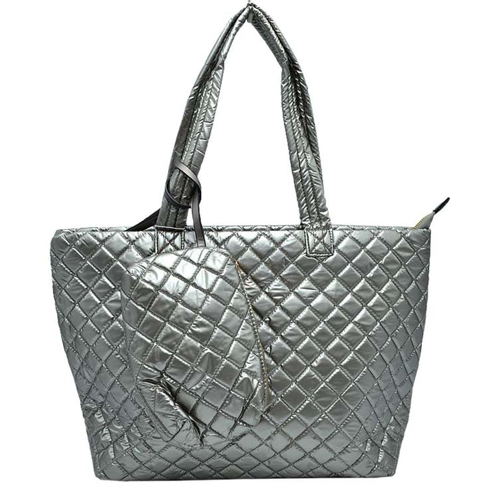 Dark Silver 2 N 1 Large Quilted Zipper Tote With Pouch, has plenty of room to carry all your handy items with ease. It also comes with a removable insert bag that doubles as lining to the bag or can be removed and worn as a shoulder bag. Great for different activities including quick getaways, long weekends, picnics, beach, or even going to the gym! Easy to carry with you in your hands or around your shoulders. This 2 in 1 tote bag is just what the boss lady needs! Stay comfortable.