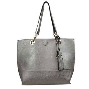 Dark Silver 2 N 1 Womens Reversible Tote Shoulder Handbag. Handbag has plenty of room to fit all your items, also comes with a removable insert bag that doubles as lining to the bag, or can be removed and worn as a crossbody bag. Great for different activities including quick getaways, long weekends, picnics, beach or even to go to the gym!  Easy to carry with you in your hands or around your shoulders. This 2 in 1 tote bag is just what the boss lady needs!