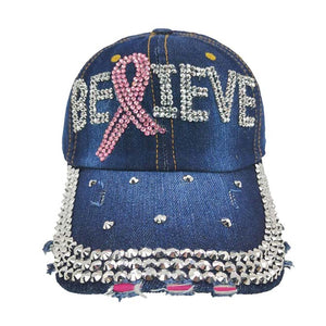 Denim Bling Pink Ribbon Believe Message Baseball Cap,  a beautiful Baseball Cap for smart and trendy women! Perfect for walks in the sun or rain, great for a bad hair day, and still looks cool. Soft textured, embroidered message and distressing contrast stitching baseball cap with Believe message will become your favorite cap. show your trendy side with this Pink Ribbon-themed baseball cap. Make You More Attractive And Beautiful Among The Crowd. Have fun and look Stylish.