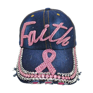 Denim Bling Pink Ribbon Faith Message Baseball Cap, a cool Baseball Cap perfect for smart and trendy women! Perfect for walks in the sun or rain, great for a bad hair day, and still looks cool. Soft textured, embroidered message and distressing contrast stitching baseball cap with Faith message will become your favorite cap. show your trendy side with this Pink Ribbon-themed baseball cap.