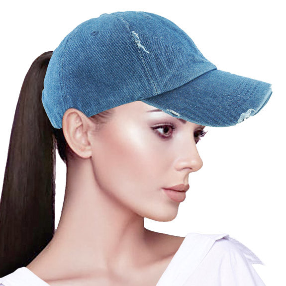 Denim Distressed Baseball Cap, Denim Vintage Ponytail Baseball Cap, comfy vintage cap great for a bad hair day, pull your bun or ponytail thru the back opening, great for keeping your hair away from face while exercising, running, playing sports or just taking a walk. Perfect Birthday Gift, Mother's Day Gift, Anniversary Gift, Thank you Gift, Graduation