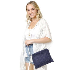 Denim Wristlet Clutch Crossbody Bag, comes with attached and detached straps to ensure easy carrying and comfort. It looks like the ultimate fashionista when carrying this Denim Clutch bag, great for when you need something small to carry or drop in your bag. Perfect for money, credit cards, keys or coins, and many more things, light and beautiful.