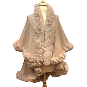 Elegant 2 Row Beige Faux Fur Trim Knit Poncho, Beige Faux Fur Trim Knit Ruana Cape, the perfect accessory, luxurious, trendy, super soft chic vest cape, keeps you warm & toasty. You can throw it on over so many pieces elevating any casual outfit! Perfect Gift for Wife, Mom, Birthday, Holiday, Christmas, Anniversary, Fun Night Out