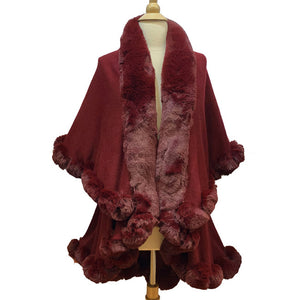 Elegant 2 Row Burgundy Faux Fur Trim Knit Poncho, Burgundy Faux Fur Trim Knit Ruana Cape, the perfect accessory, luxurious, trendy, super soft chic vest cape, keeps you warm & toasty. You can throw it on over so many pieces elevating any casual outfit! Perfect Gift for Wife, Mom, Birthday, Holiday, Christmas, Anniversary, Fun Night Out