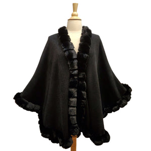 Elegant Black Faux Fur Trim Poncho Plush Black Faux Fur Trim Knit Ruana Cape Black Faux Fur Wrap, the perfect accessory, luxurious, trendy, super soft chic capelet, keeps you warm & toasty. You can throw it on over so many pieces elevating any casual outfit! Perfect Gift Birthday, Anniversary, Christmas, Valentine's Day, Special Occasion