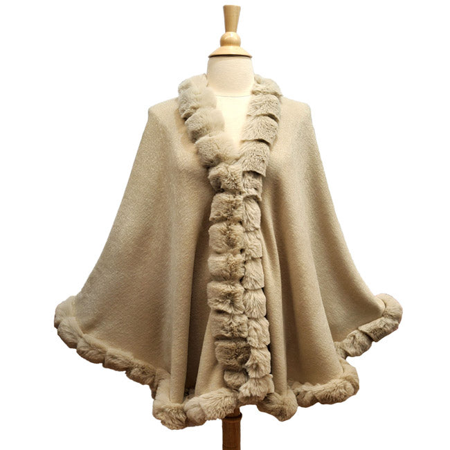 Elegant Beige Faux Fur Trim Poncho Plush Beige Faux Fur Trim Knit Ruana Cape Beige Faux Fur Wrap, the perfect accessory, luxurious, trendy, super soft chic capelet, keeps you warm & toasty. You can throw it on over so many pieces elevating any casual outfit! Perfect Gift Birthday, Anniversary, Christmas, Valentine's Day, Special Occasion