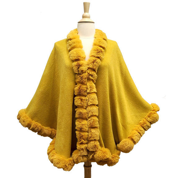Elegant Mustard Faux Fur Trim Poncho Plush Mustard Faux Fur Trim Knit Ruana Cape Mustard Faux Fur Wrap, the perfect accessory, luxurious, trendy, super soft chic capelet, keeps you warm & toasty. You can throw it on over so many pieces elevating any casual outfit! Perfect Gift Birthday, Anniversary, Christmas, Valentine's Day, Special Occasion
