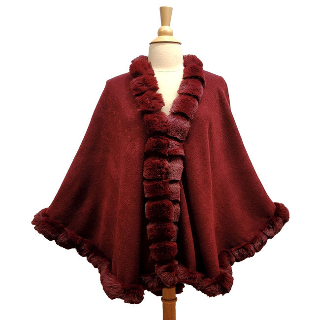 Elegant Burgundy Faux Fur Trim Poncho Plush Burgundy Faux Fur Trim Knit Ruana Cape Burgundy Faux Fur Wrap, the perfect accessory, luxurious, trendy, super soft chic capelet, keeps you warm & toasty. You can throw it on over so many pieces elevating any casual outfit! Perfect Gift Birthday, Anniversary, Christmas, Valentine's Day, Special Occasion