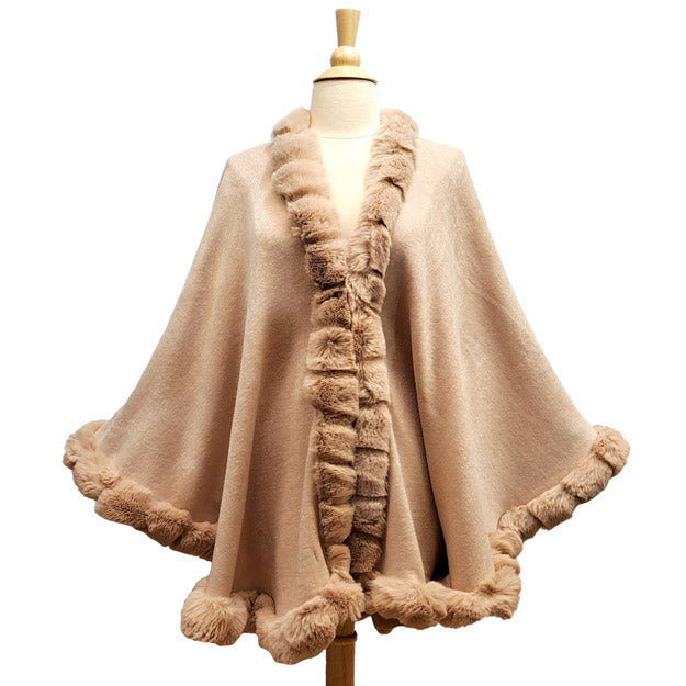Elegant Blush Faux Fur Trim Poncho Plush Blush Faux Fur Trim Knit Ruana Cape Blush Faux Fur Wrap, the perfect accessory, luxurious, trendy, super soft chic capelet, keeps you warm & toasty. You can throw it on over so many pieces elevating any casual outfit! Perfect Gift Birthday, Anniversary, Christmas, Valentine's Day, Special Occasion