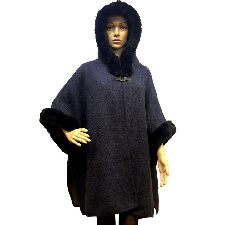 Elegant Navy Faux Fur Hood Sleeve Trim Ruana Navy Faux Fur Trim Poncho Outwear, the perfect accessory, luxurious, trendy, super soft chic capelet, keeps you warm & toasty. You can throw it on over so many pieces elevating any casual outfit! Perfect Gift Birthday, Holiday, Christmas, Anniversary, Wife, Mom, Special Occasion, Mom