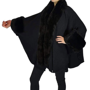 Elegant Black Faux Fur Trim Lapel & Cuffs Knit Poncho Black Faux Fur Trim Knit Ruana Shawl, the perfect accessory, luxurious, trendy, super soft chic cape, keeps you warm & toasty. Throw it on over so many pieces elevating any casual outfit! Perfect Gift Wife, Mom, Birthday, Holiday, Christmas, Anniversary, Valentine's Day , Night Out, etc