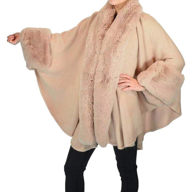 Elegant Pink Faux Fur Trim Lapel & Cuffs Knit Poncho Pink Faux Fur Trim Knit Ruana Shawl, the perfect accessory, luxurious, trendy, super soft chic cape, keeps you warm & toasty. Throw it on over so many pieces elevating any casual outfit! Perfect Gift Wife, Mom, Birthday, Holiday, Christmas, Anniversary, Valentine's Day , Night Out, etc