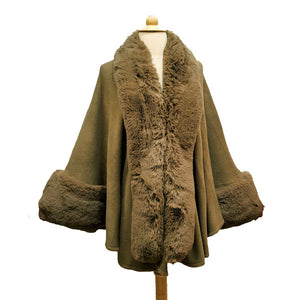 Elegant Khaki Faux Fur Trim Lapel & Cuffs Knit Poncho Khaki Faux Fur Trim Knit Ruana Shawl, the perfect accessory, luxurious, trendy, super soft chic cape, keeps you warm & toasty. Throw it on over so many pieces elevating any casual outfit! Perfect Gift Wife, Mom, Birthday, Holiday, Christmas, Anniversary, Valentine's Day , Night Out, etc