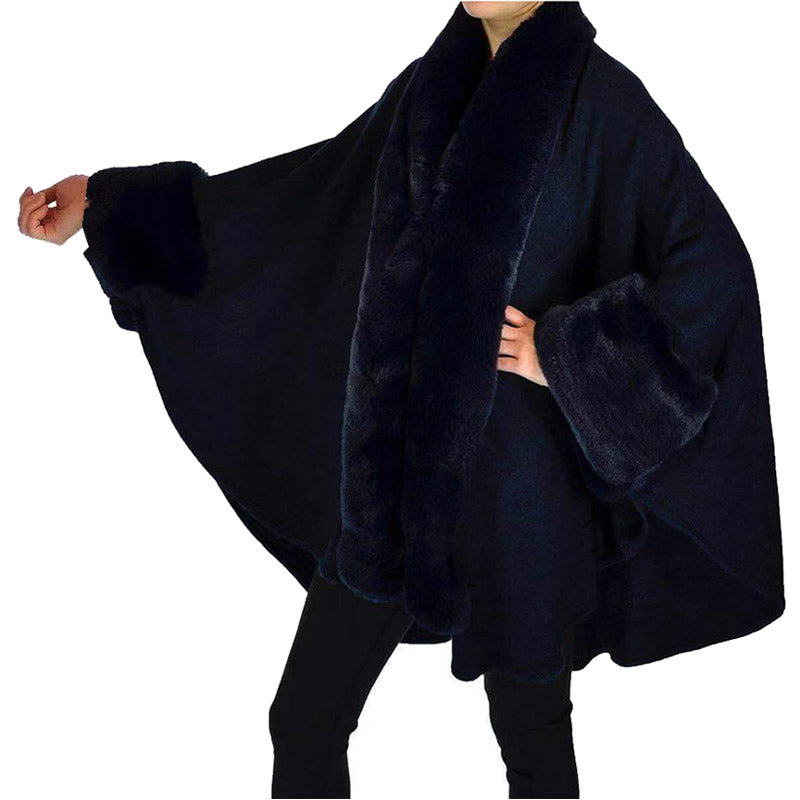Elegant Navy Faux Fur Trim Lapel & Cuffs Knit Poncho Navy Faux Fur Trim Knit Ruana Shawl, the perfect accessory, luxurious, trendy, super soft chic cape, keeps you warm & toasty. Throw it on over so many pieces elevating any casual outfit! Perfect Gift Wife, Mom, Birthday, Holiday, Christmas, Anniversary, Valentine's Day , Night Out, etc