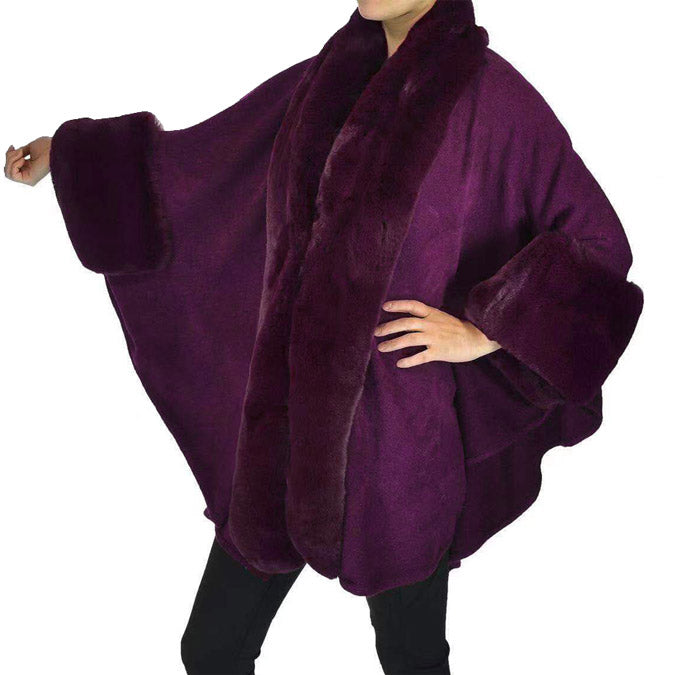 Elegant Purple Faux Fur Trim Lapel & Cuffs Knit Poncho Purple Faux Fur Trim Knit Ruana Shawl, the perfect accessory, luxurious, trendy, super soft chic cape, keeps you warm & toasty. Throw it on over so many pieces elevating any casual outfit! Perfect Gift Wife, Mom, Birthday, Holiday, Christmas, Anniversary, Valentine's Day , Night Out, etc