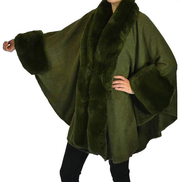 Elegant GreenFaux Fur Trim Lapel & Cuffs Knit Poncho Green Faux Fur Trim Knit Ruana Shawl, the perfect accessory, luxurious, trendy, super soft chic cape, keeps you warm & toasty. Throw it on over so many pieces elevating any casual outfit! Perfect Gift Wife, Mom, Birthday, Holiday, Christmas, Anniversary, Valentine's Day , Night Out, etc