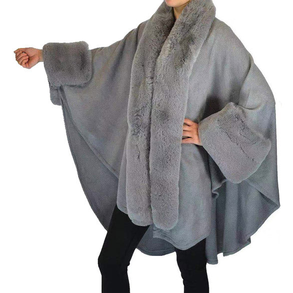 Elegant Gray Faux Fur Trim Lapel & Cuffs Knit Poncho Gray Faux Fur Trim Knit Ruana Shawl, the perfect accessory, luxurious, trendy, super soft chic cape, keeps you warm & toasty. Throw it on over so many pieces elevating any casual outfit! Perfect Gift Wife, Mom, Birthday, Holiday, Christmas, Anniversary, Valentine's Day , Night Out, etc