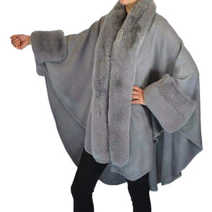 Elegant Gray Faux Fur Trim Lapel & Cuffs Knit Poncho Gray Faux Fur Trim Knit Ruana Shawl, the perfect accessory, luxurious, trendy, super soft chic cape, keeps you warm & toasty. Throw it on over so many pieces elevating any casual outfit! Perfect Gift Wife, Mom, Birthday, Holiday, Christmas, Anniversary, Valentine's Day , Night Out, etc
