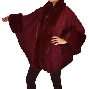 Elegant Burgundy Faux Fur Trim Lapel & Cuffs Knit Poncho Burgundy Faux Fur Trim Knit Ruana Shawl, the perfect accessory, luxurious, trendy, super soft chic cape, keeps you warm & toasty. Throw it on over so many pieces elevating any casual outfit! Perfect Gift Wife, Mom, Birthday, Holiday, Christmas, Anniversary, Valentine's Day , Night Out, etc