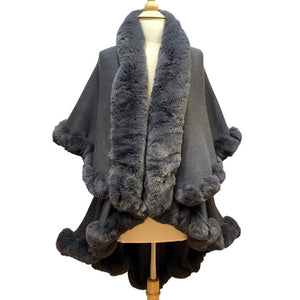 Elegant 2 Row Gray Faux Fur Trim Knit Poncho, Black Faux Fur Trim Knit Ruana Cape, the perfect accessory, luxurious, trendy, super soft chic vest cape, keeps you warm & toasty. You can throw it on over so many pieces elevating any casual outfit! Perfect Gift for Wife, Mom, Birthday, Holiday, Christmas, Anniversary, Fun Night Out