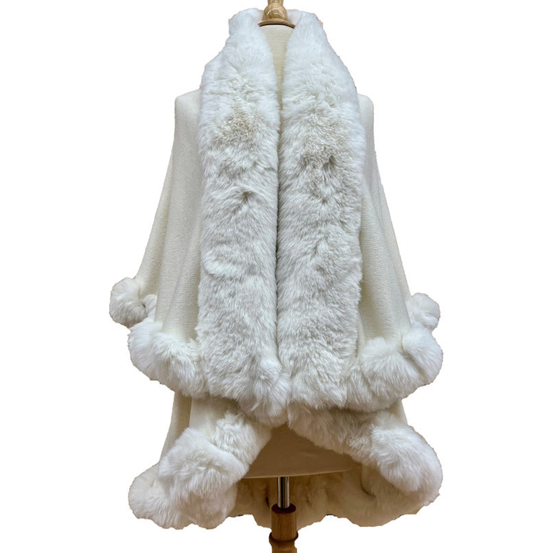 Elegant 2 Row White Faux Fur Trim Knit Poncho, Beige Faux Fur Trim Knit Ruana Cape, the perfect accessory, luxurious, trendy, super soft chic vest cape, keeps you warm & toasty. You can throw it on over so many pieces elevating any casual outfit! Perfect Gift for Wife, Mom, Birthday, Holiday, Christmas, Anniversary, Fun Night Out