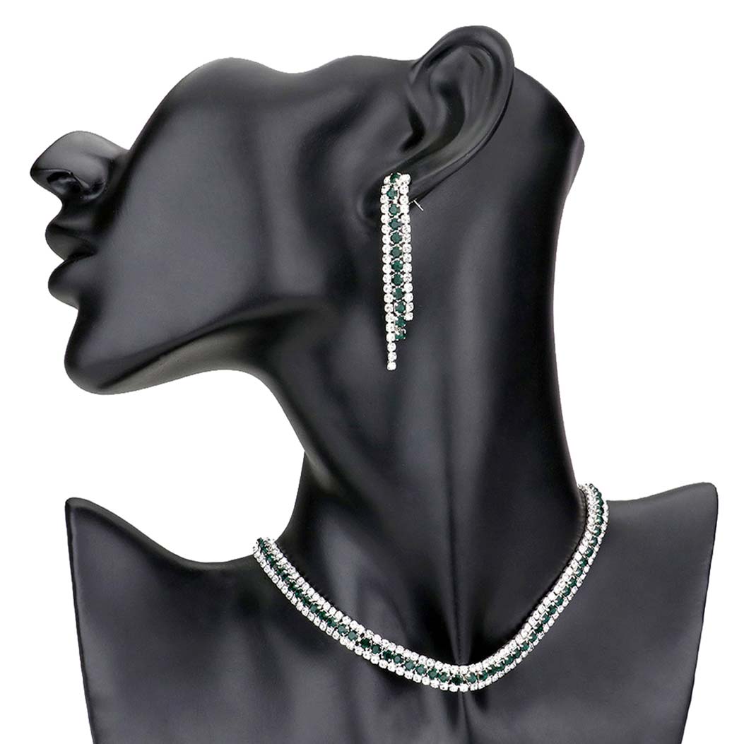 Emerald 3Rows Rhinestone Pave Choker Necklace, These gorgeous rhinestone jewelry sets will show your class on any special occasion. The elegance of this crystal necklace goes unmatched, great for wearing at a party! Perfect for adding just the right amount of shimmer & shine and a touch of class everywhere. Stunning jewelry set will sparkle all night long making you shine like a diamond.