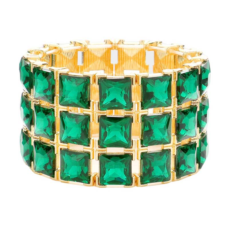 Emerald 3Rows Square Stone Stretch Evening Bracelet, Get ready with this stretchable Bracelet and put on a pop of color to complete your ensemble. Perfect for adding just the right amount of shimmer & shine and a touch of class to special events. Wear with different outfits to add perfect luxe and class with incomparable beauty. Just what you need to update in your wardrobe.