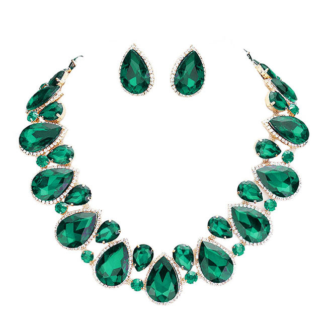 Emerald Crystal Rhinestone Trim Teardrop Collar Evening Necklace.  Get ready with these Cluster Evening Necklace, put on a pop of color to complete your ensemble. Perfect for adding just the right amount of shimmer & shine and a touch of class to special events. Perfect Birthday Gift, Anniversary Gift, Mother's Day Gift, Graduation Gift. 