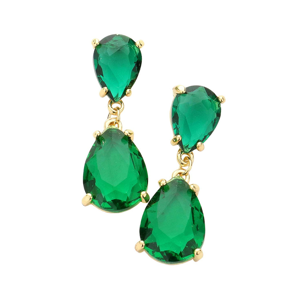 Double Teardrop Link Dangle Evening Earrings Emerald