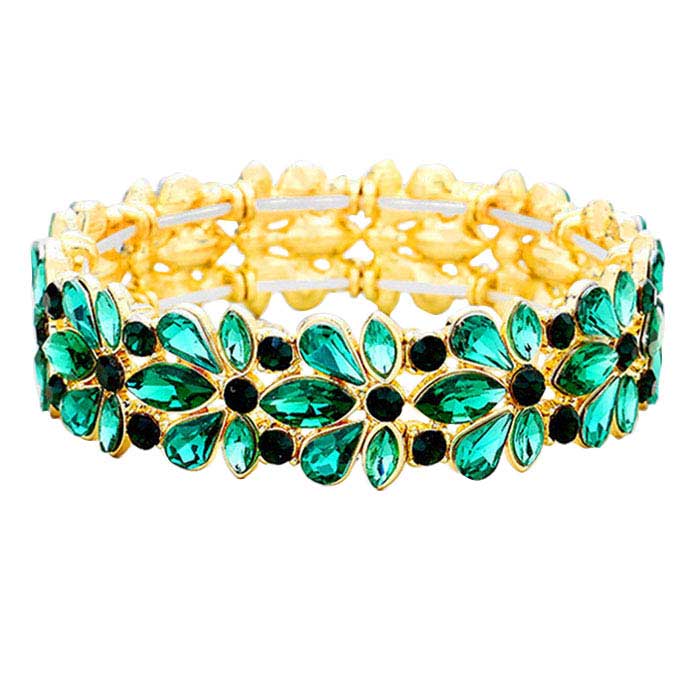 Emerald Floral Crystal Stretch Evening Bracelet, This flower detailed Crystal stunning stretch bracelet is sure to get you noticed, adds a gorgeous glow to any outfit. Jewelry that fits your lifestyle! perfect for a night out on the town or a black tie party, ideal for Special Occasion, Prom or an Evening out. Awesome gift for birthday, Anniversary, Valentine’s Day or any special occasion.