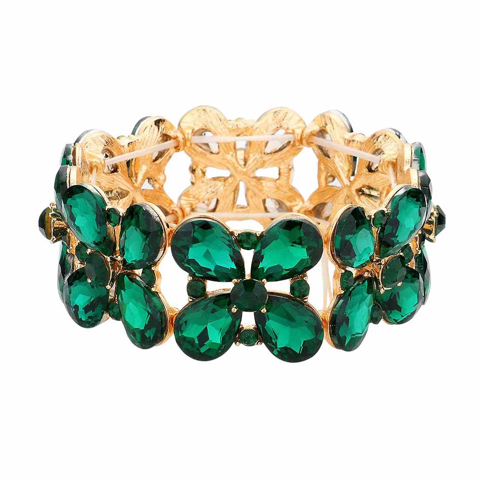 Emerald Floral Teardrop Glass Crystal Stretch Evening Bracelet, this Crystal Stretch Bracelet sparkles all around with it's surrounding round stones, stylish stretch bracelet that is easy to put on, take off and comfortable to wear. It looks so pretty, brightly, and elegant on any special occasion. Jewelry offers a wide variety of exquisite jewelry for your Party, Prom, Pageant, Wedding, Sweet Sixteen, and other Special Occasions! Stay gorgeous wearing this stunning floral design stretch bracelet.