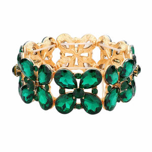 Emerald Floral Teardrop Glass Crystal Stretch Evening Bracelet, this Crystal Stretch Bracelet sparkles all around with it's surrounding round stones, stylish stretch bracelet that is easy to put on, take off and comfortable to wear. It looks so pretty, brightly, and elegant on any special occasion. Jewelry offers a wide variety of exquisite jewelry for your Party, Prom, Pageant, Wedding, Sweet Sixteen, and other Special Occasions! Stay gorgeous wearing this stunning floral design stretch bracelet.