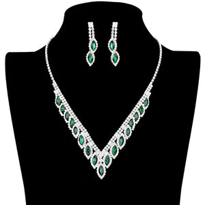 Emerald Marquise Stone Accented Rhinestone Necklace. These gorgeous Rhinestone pieces will show your class on any special occasion. The elegance of these rhinestones goes unmatched, great for wearing at a party! Perfect for adding just the right amount of glamour and sophistication to important occasions.