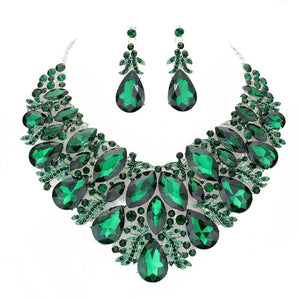 Emerald Marquise Teardrop Stone Accented Leaf Evening Necklace. Wear together or separate according to your event, versatile enough for wearing straight through the week, perfectly lightweight for all-day wear, coordinate with any ensemble from business casual to everyday wear, the perfect addition to every outfit. Perfect Birthday Gift, Anniversary Gift, Mother's Day Gift, Valentine's Day Gift.