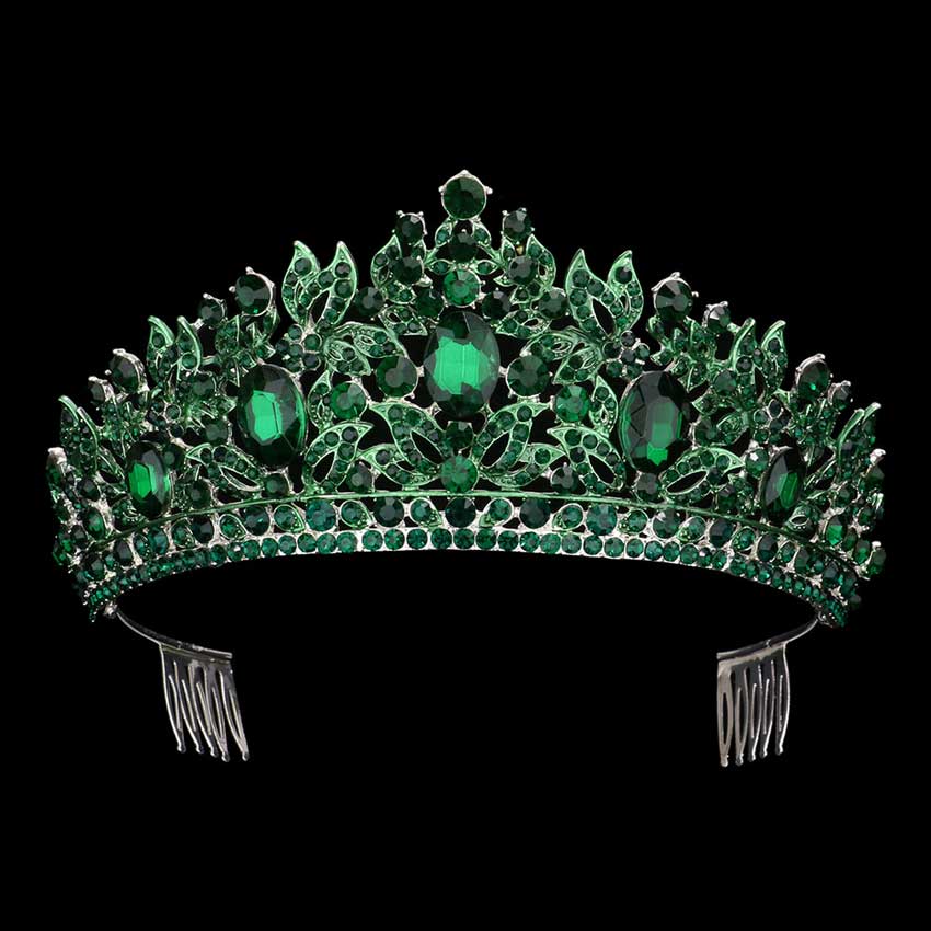 Emerald Oval Stone Accented Leaf Cluster Princess Tiara, This cluster princess tiara is a classic royal tiara made from gorgeous oval stone accented is the epitome of elegance. Exquisite design with stunning color and brightness makes you more eye-catching in the crowd and will make you more charming and pretty without fail. 