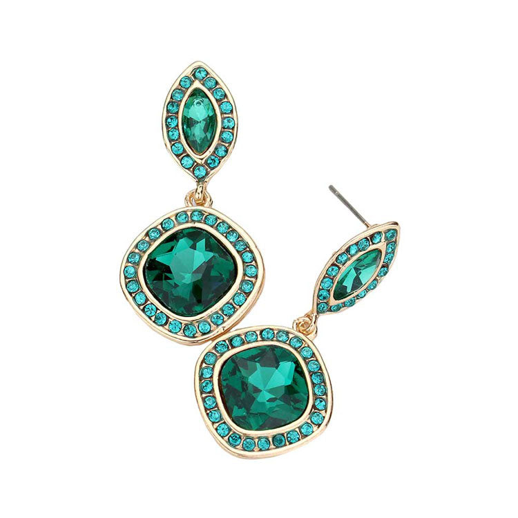 Emerald Rhinestone Marquise Square Stone Dangle Evening Earrings, Elegant dangle earrings put on a pop of color to complete your ensemble. Beautifully crafted design adds a gorgeous glow to any outfit. Perfect for adding just the right amount of shimmer & shine. Perfect for Birthday Gift, Anniversary Gift, Mother's Day Gift, Graduation Gift.