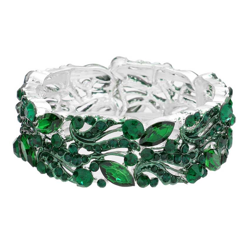 Emerald Stone Embellished Stretch Evening Bracelet, Get ready with this stone embellished stretch bracelets, Beautifully crafted design adds a gorgeous glow to any outfit. Eye-catching sparkle, sophisticated look you have been craving for! Adds a pop of pretty color to your attire, Jewelry that fits your lifestyle! Awesome gift for birthday, Anniversary, Valentine’s Day or any special occasion.
