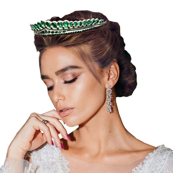 Emerald Teardrop Cluster Detailed Princess Tiara. Perfect for adding just the right amount of shimmer & shine, will add a touch of class, beauty and style to your wedding, prom, special events, embellished glass crystal to keep your hair sparkling all day & all night long.