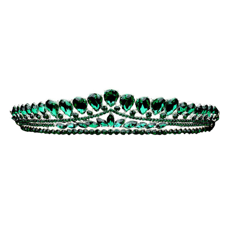 Emerald Teardrop Cluster Detailed Princess Tiara. Perfect for adding just the right amount of shimmer & shine, will add a touch of class, beauty and style to your wedding, prom, special events, embellished glass crystal to keep your hair sparkling all day & all night long.