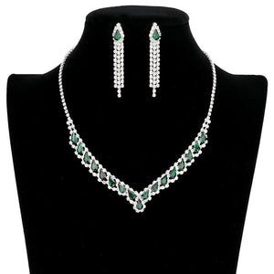 Emerald Teardrop Stone Accented Collar Rhinestone Pave Necklace, These gorgeous Rhinestone pieces will show your class on any special occasion. The elegance of these rhinestones goes unmatched. Brings a gorgeous glow to your outfit to show off royalty on any special occasion. Perfect for adding just the right amount of glamour and sophistication to important occasions. These classy Rhinestone Jewelry Sets are perfect for parties, Weddings, and Evenings. 