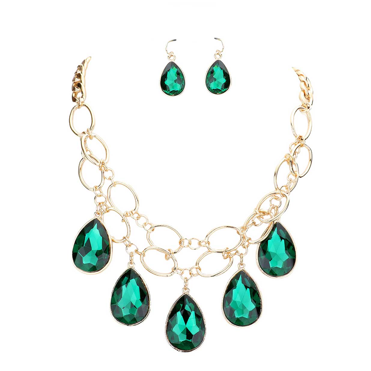 Emerald Teardrop Stone Accented Open Metal Oval Link Evening Necklace, this gorgeous jewelry set will show your class on any special occasion. The elegance of these stones goes unmatched, great for wearing at a party! stunning jewelry set will sparkle all night long making you shine like a diamond on special occasions. Perfect jewelry to enhance your look and for wearing at parties, weddings, date nights, or any special event.