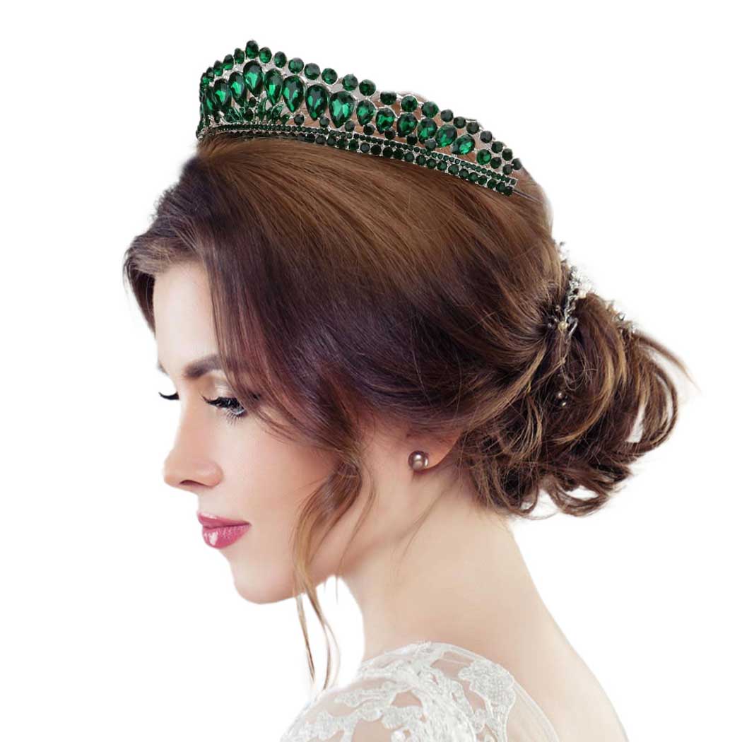 Emerald Teardrop Stone Cluster Princess Tiara. Perfect for adding just the right amount of shimmer & shine, will add a touch of class, beauty and style to your special events, embellished glass Stone to keep your hair sparkling all day & all night long. Perfect Gift for every women.