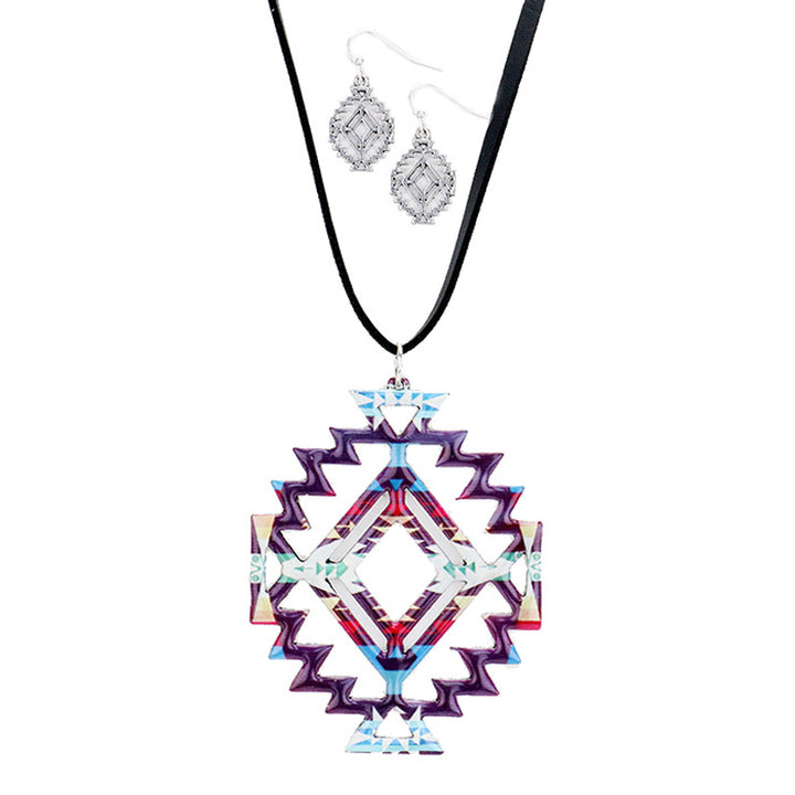 Enamel Aztec Pattern Pendant Necklace Aztec Necklace & Earring Set intricate & versatile enough for wearing straight through the week, comfortable for all-day wear, coordinate with any ensemble from business casual to everyday wear. Perfect Birthday Gift, Mother's Day Gift, Anniversary Gift, Thank you Gift, Graduation 