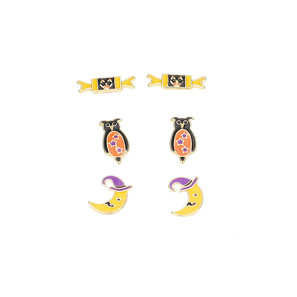 Enamel Pumpkin Candy Owl Crescent Moon Stud Earrings. rick or treat? Carry the spirits of Halloween with our extra adorable post back pumpkin earrings. These earrings are going to bring perfection to your costume! Also, make your special ones happy this Halloween, gift them these earrings. Let the spooky season begin!