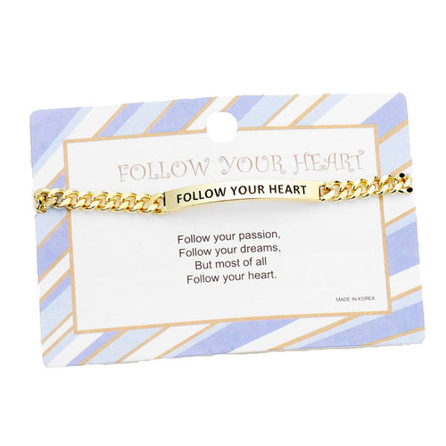 FOLLOW YOUR HEART Curve Metal Rectangle Bar Message Bracelet - Gold