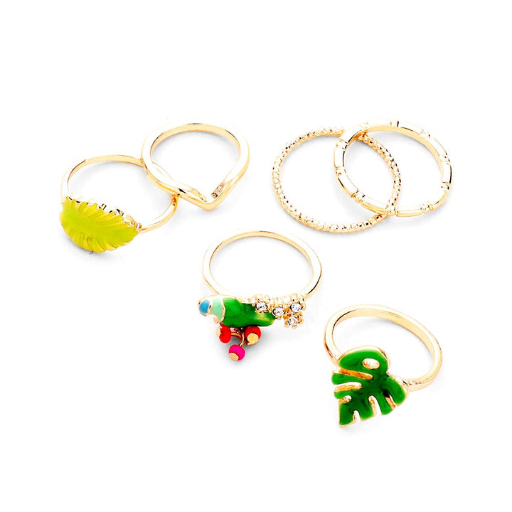 6pc Set Crystal Embellished Parrot, Enamel Tropical Leaf, Metal Rings, add a sweet treat to your look, this set of rings will show your tropical and fruity side ideal for any summer get together and embrace the beauty of nature and add the perfect pop of detail to your look. • Color: Gold • Theme : Animal, Flower/Leaf, Fruits/Food • Size : 0.1" H - 0.6" H