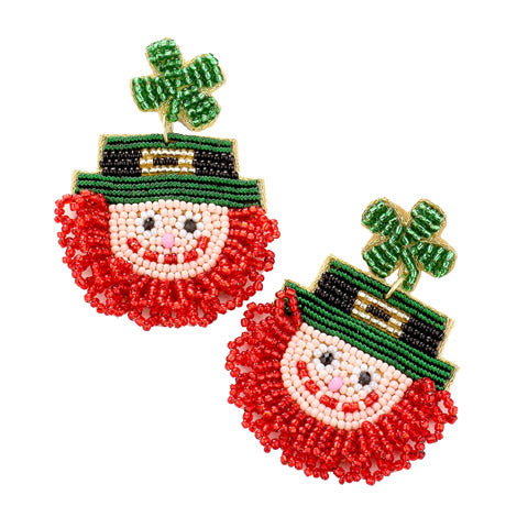 Felt Back Seed Bead St Patrick's Day Clover Irish Man Dangle Earrings, carefully  handcrafted seed bead earrings to accent your love for the Irish, handmade clover earrings are the perfect accessory to finish off any festive look. St Paddy's day, Show your Irish pride, good luck, good cheer, Irish magic